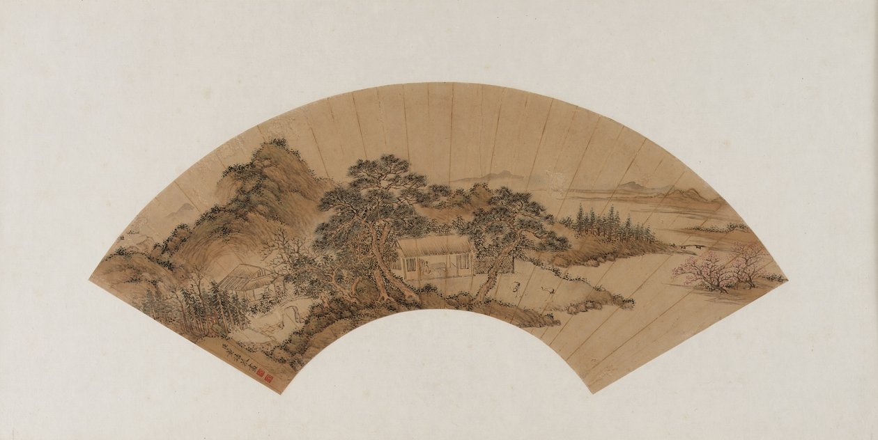 Sazdan bir kulübede bilgin okuması, Qing hanedanı, 18. yüzyılın sonları ile 19. yüzyılın başlarında (kağıt üzerinde mürekkep ve renk) by Dong Gao