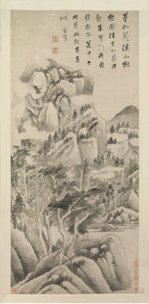 Akarsular ve Dağlar Arasında Gölgeli Konutlar, yaklaşık. 1622-25. by Dong Qichang