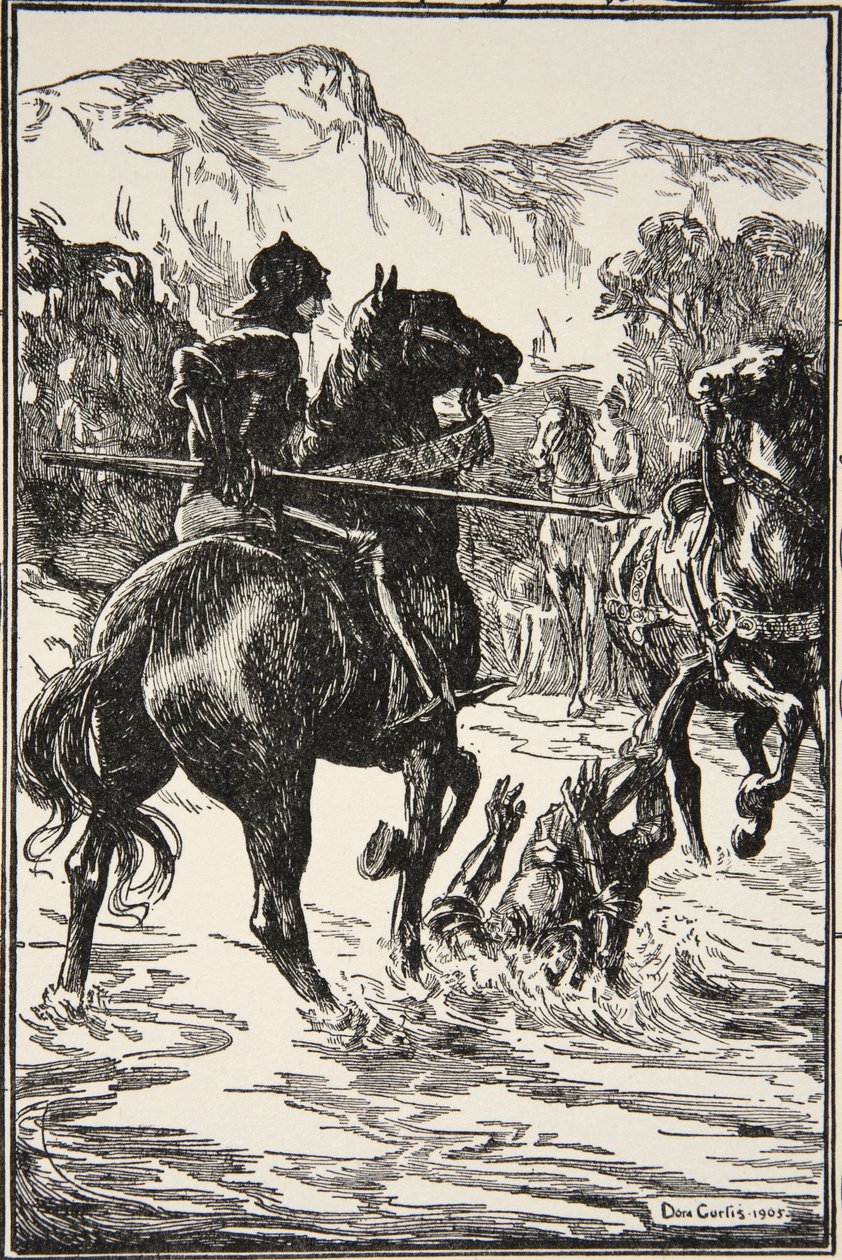 Ona öyle bir darbe vurdu ki, Beatrice Clay'in 'Kral Arthur Hikayeleri ve Yuvarlak Masa'dan bir örnek, 1. Baskı, 1905 by Dora Curtis