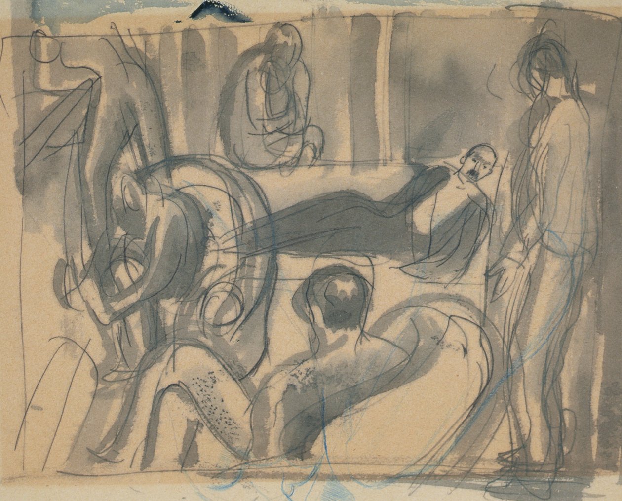 Maynard Keynes, Lytton Strachey ve Diğerleri, c.1916 (kağıt üzerine kurşun kalem ve suluboya) by Dora Carrington