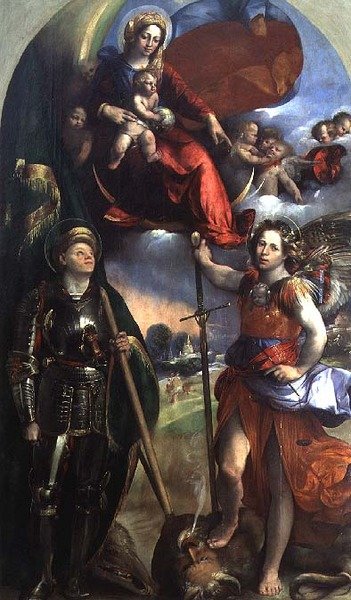 Aziz George ve Aziz Michael ile Madonna ve Çocuk by Dosso Dossi
