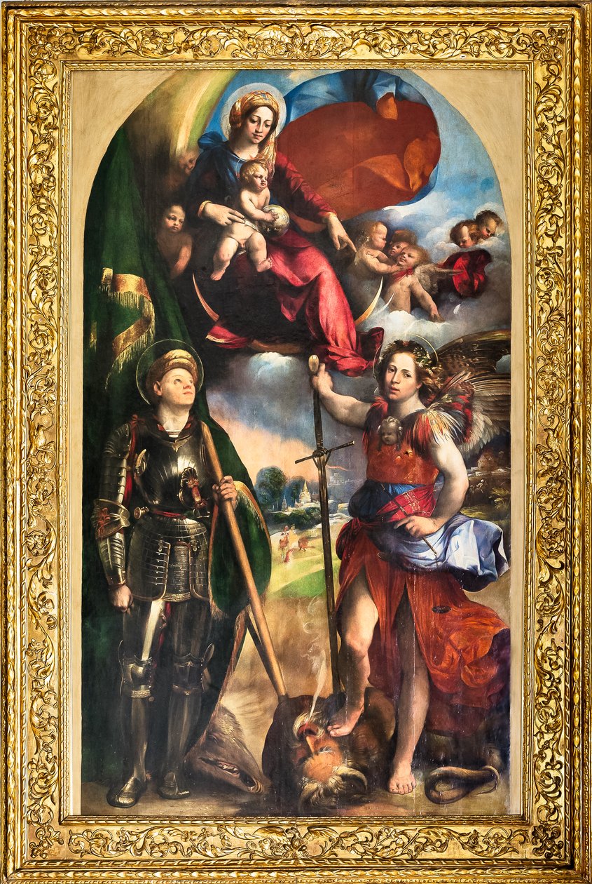 Bebek İsa ve Aziz George ve Aziz Michael Archangel ile Madonna, c.1518 (panelde yağlı boya) by Dosso Dossi