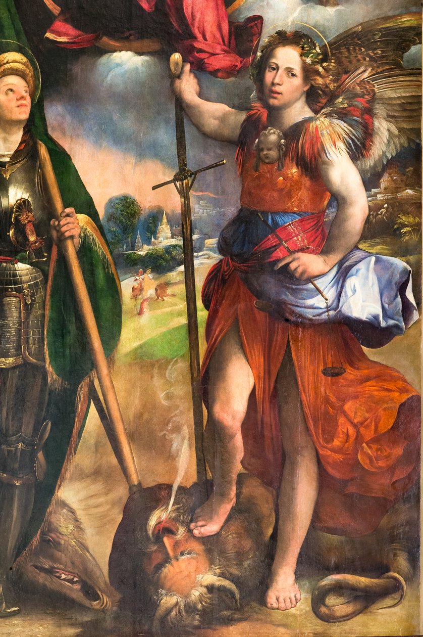 Bebek İsa ve Aziz George ve Aziz Michael Archangel ile Madonna, 2384617 detayı, c.1518 (panelde yağlı boya) by Dosso Dossi