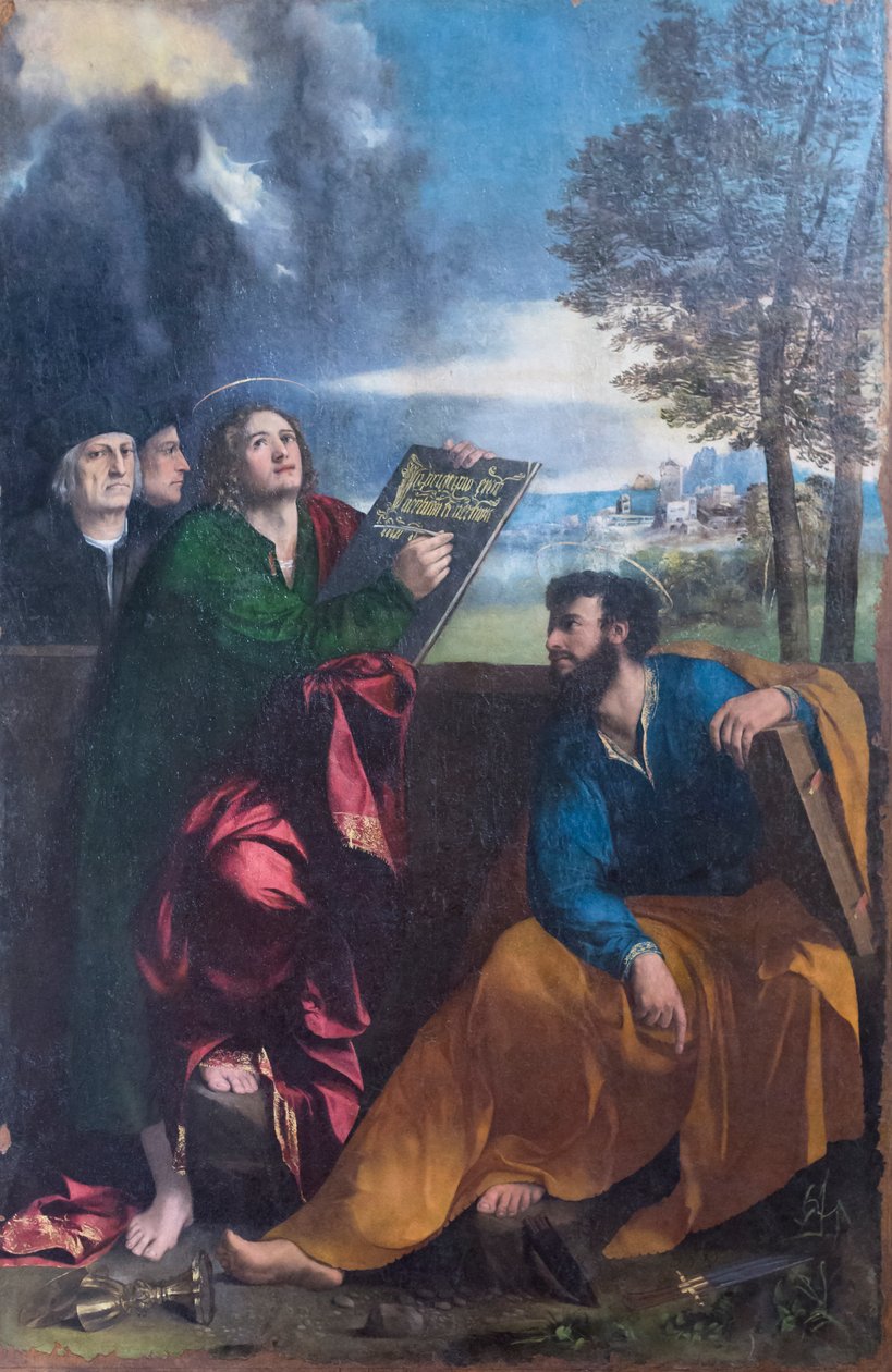 Evangelist Aziz John ve Pontichino della Sale ve ailesinin bir üyesi ile birlikte Aziz Bartholomew by Dosso Dossi