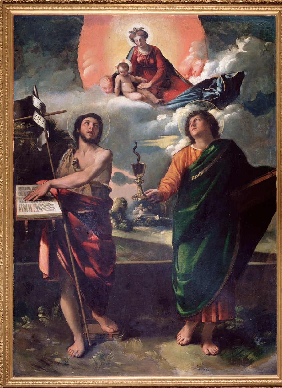 Aziz John Baptist ve Aziz John evangelist ile bakire ve çocuk Aziz John bir yılan kadehi tutar veya onu aşar by Dosso Dossi