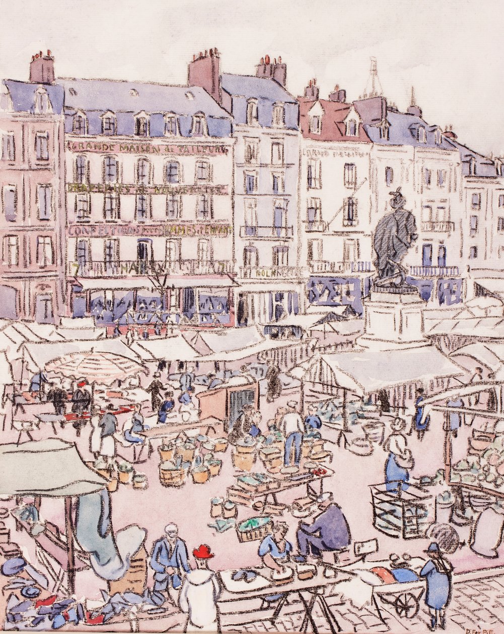 Place Nationale, Dieppe, c.1910 (kağıt üzerinde tebeşir ve tuvalet) by Douglas Fox Pitt
