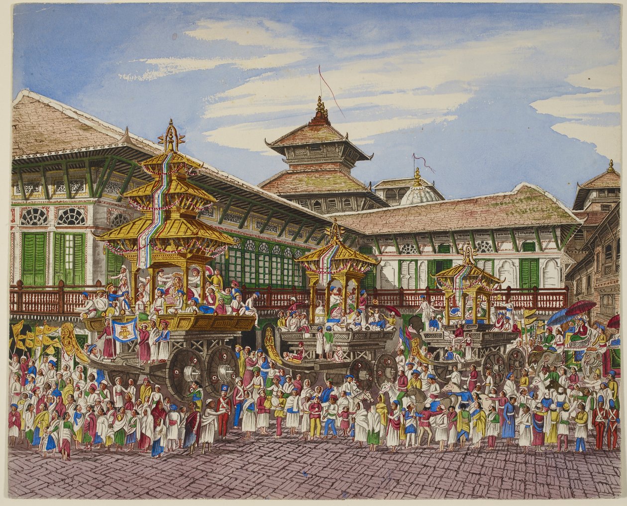 Kumari Jatra. Hanuman Dhoka Dışında Üç Tapınak Kursu, Katmandu (Renkli Litho) by Dr. Henry Ambrose Oldfield