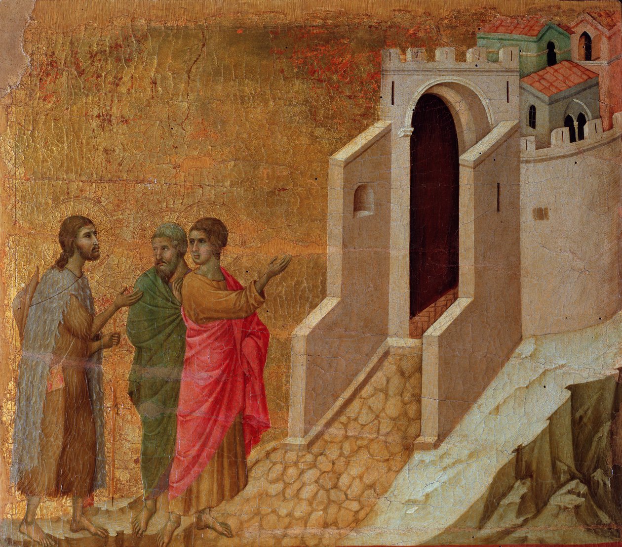 Emmaus şehrinin kapılarında İsa ve hacılar. Maesta sunağı (ahşap üzerine tempera ve altın by Duccio di Buoninsegna