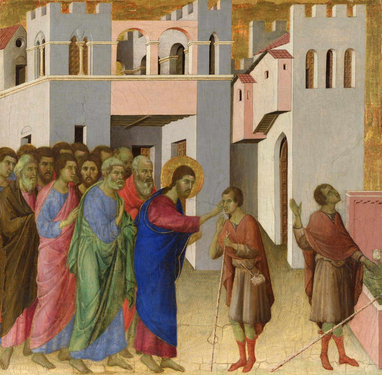 Kör bir adamın iyileşmesi. Boyama Duccio di Buoninsegna (1260-1318), ahşap üzerine tempera, yaklaşık 1308-1311 - The Healing of the Manborn Blind - Tempera on panel - ca 1308-1311 - Duccio di Buoninsegna - National Gallery, Londra ©Güzel sanatlar/ Lee by Duccio di Buoninsegna
