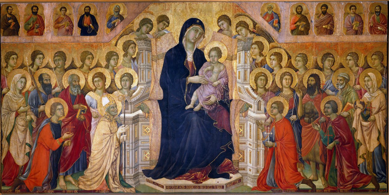 Maesta Madonna, azizler ve melekler tarafından saygı duyulan tahtta çocuğa sahiptir. Merkezi panel. Duccio di Buoninsegna (1255-1319) tarafından yapılan fresk by Duccio di Buoninsegna