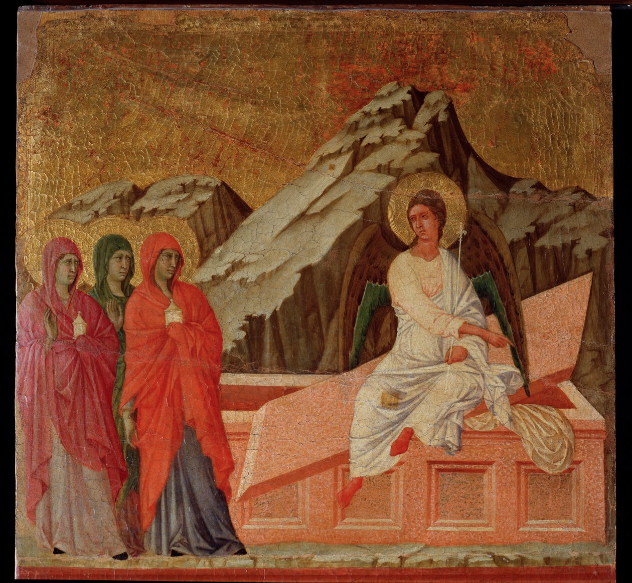 Tutku: Kabirdeki Maries. Maesta sunağı (ahşap üzerine tempera ve altın by Duccio di Buoninsegna
