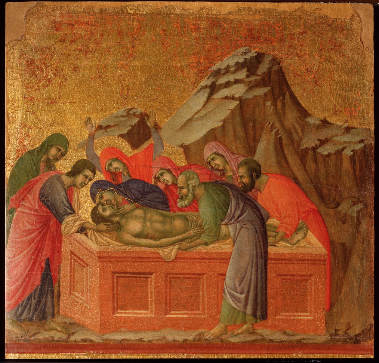 Tutku: gömülme. Maesta sunağı (ahşap üzerine tempera ve altın by Duccio di Buoninsegna