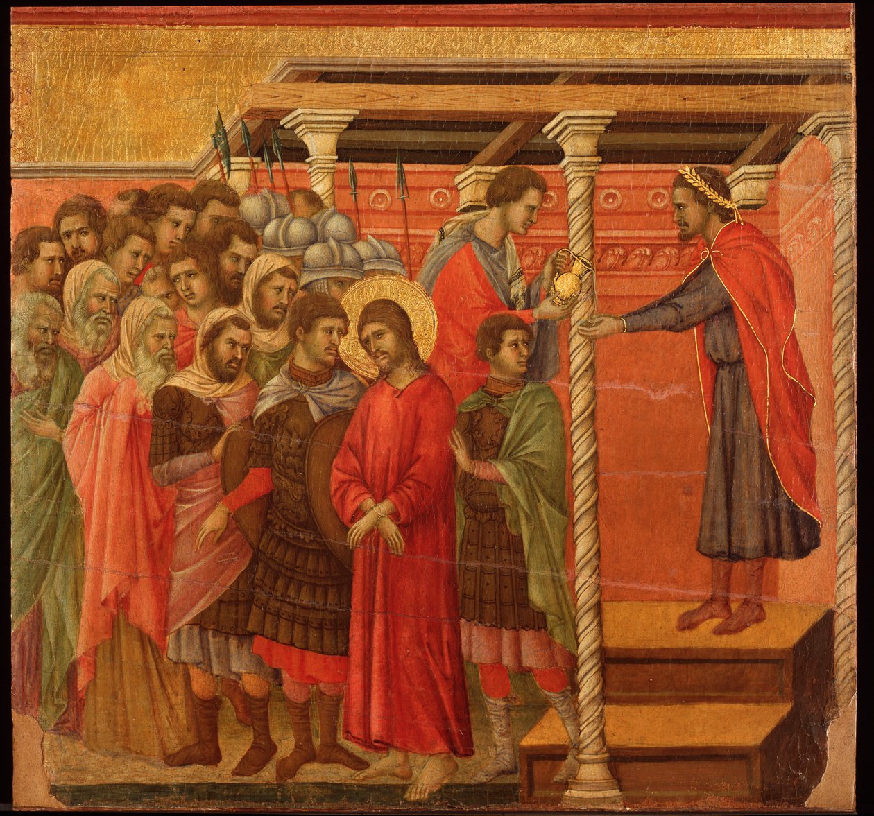 Pontius Pilatus ellerini yıkıyor. Maesta sunağı (ahşap üzerine tempera ve altın by Duccio di Buoninsegna