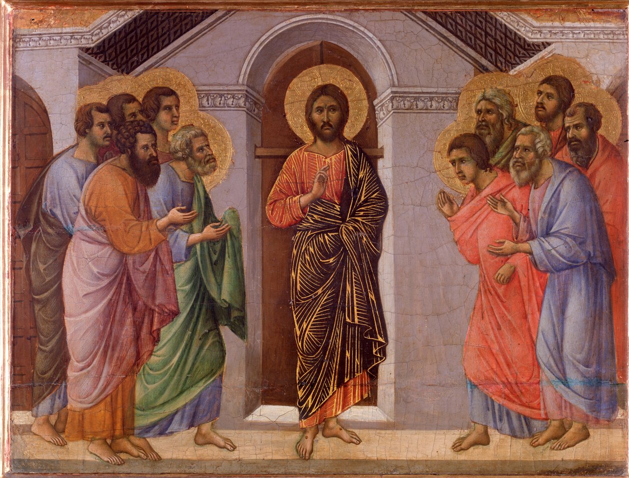 Dirilen İsa havarilere görünür. Maesta sunağı (ahşap üzerine tempera ve altın by Duccio di Buoninsegna