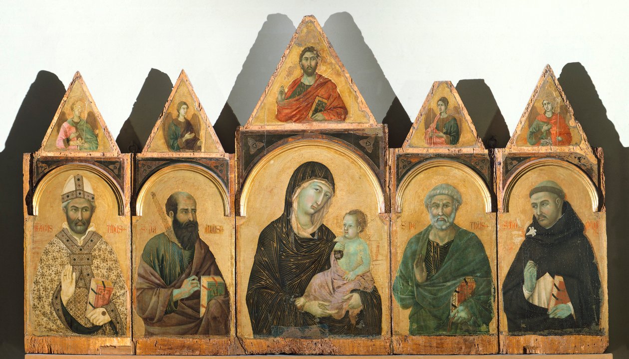 Kutsal Bakire İsa Çocuğu ve Azizler Augustine, Paul, Peter ve Domenico (veya Poliptik No 28), yaklaşık 1305, Duccio di Buoninsegna (yaklaşık 1255 - 1319 öncesi), ahşap üzerine tempera ve altın by Duccio di Buoninsegna