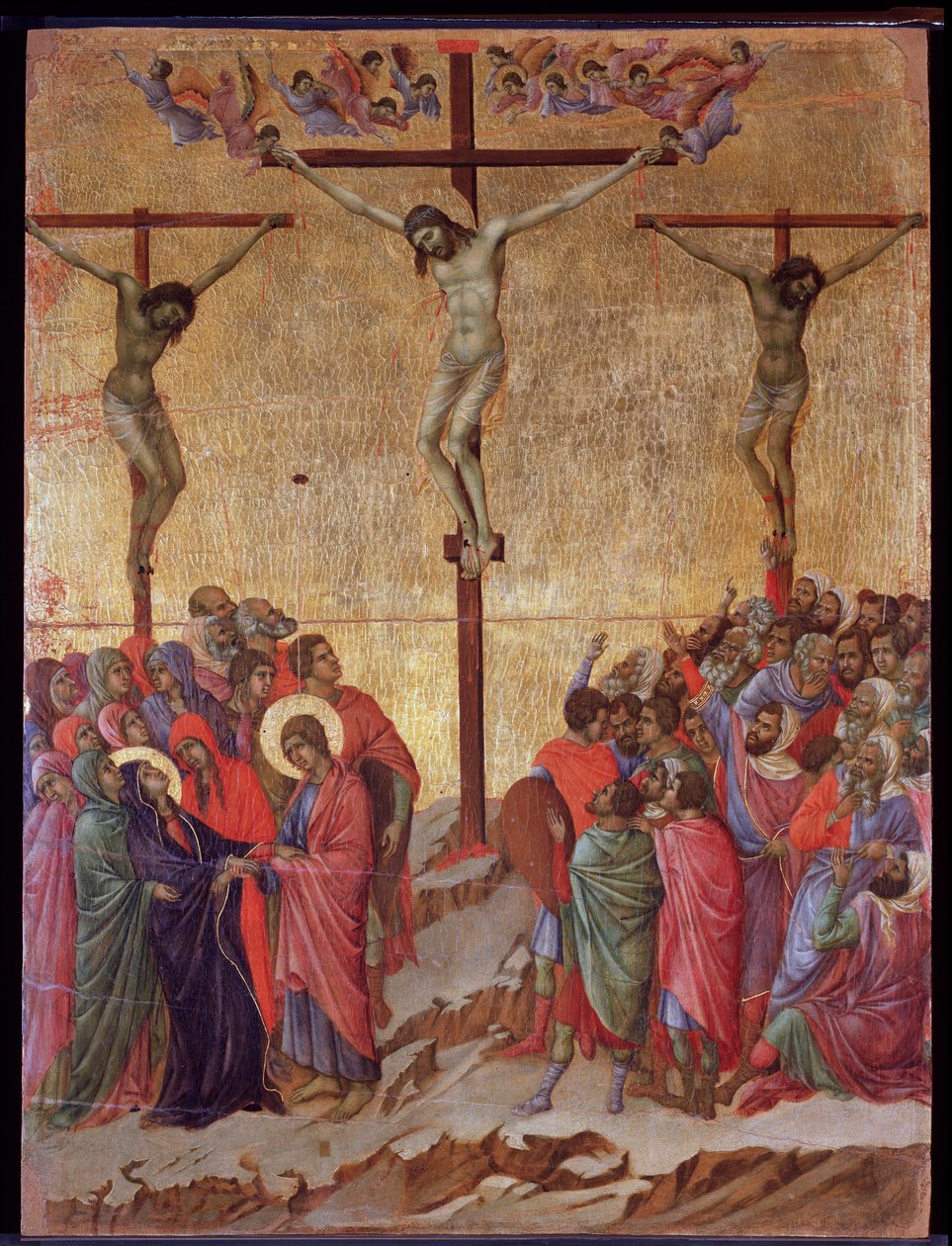 Çarmıha germe. Yanlarda, iyi hırsız (Dismas) ve tövbesiz hırsız (Gestas). Maesta sunağı (ahşap üzerine tempera ve altın by Duccio di Buoninsegna