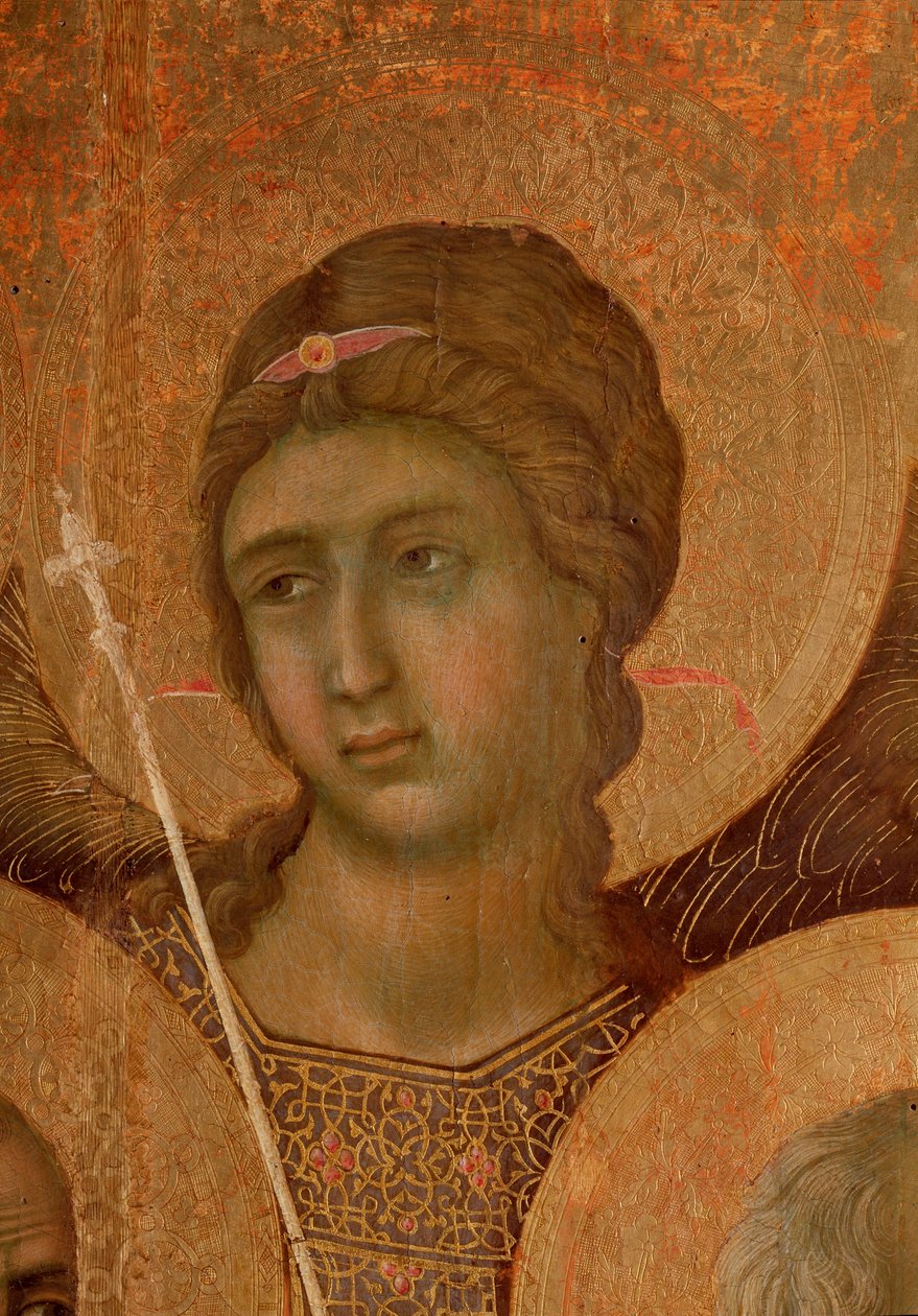 Bakire ve çocuk tahtta. La Maesta detayı (ahşap üzerine tempera ve altın by Duccio di Buoninsegna