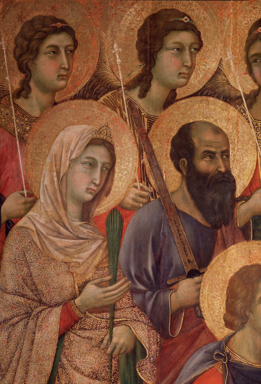 Tahtta bakire ve çocuk, İskenderiyeli Aziz Catherine ve Aziz Paul ile detay. (La Maesta) (ahşap üzerine tempera ve altın by Duccio di Buoninsegna