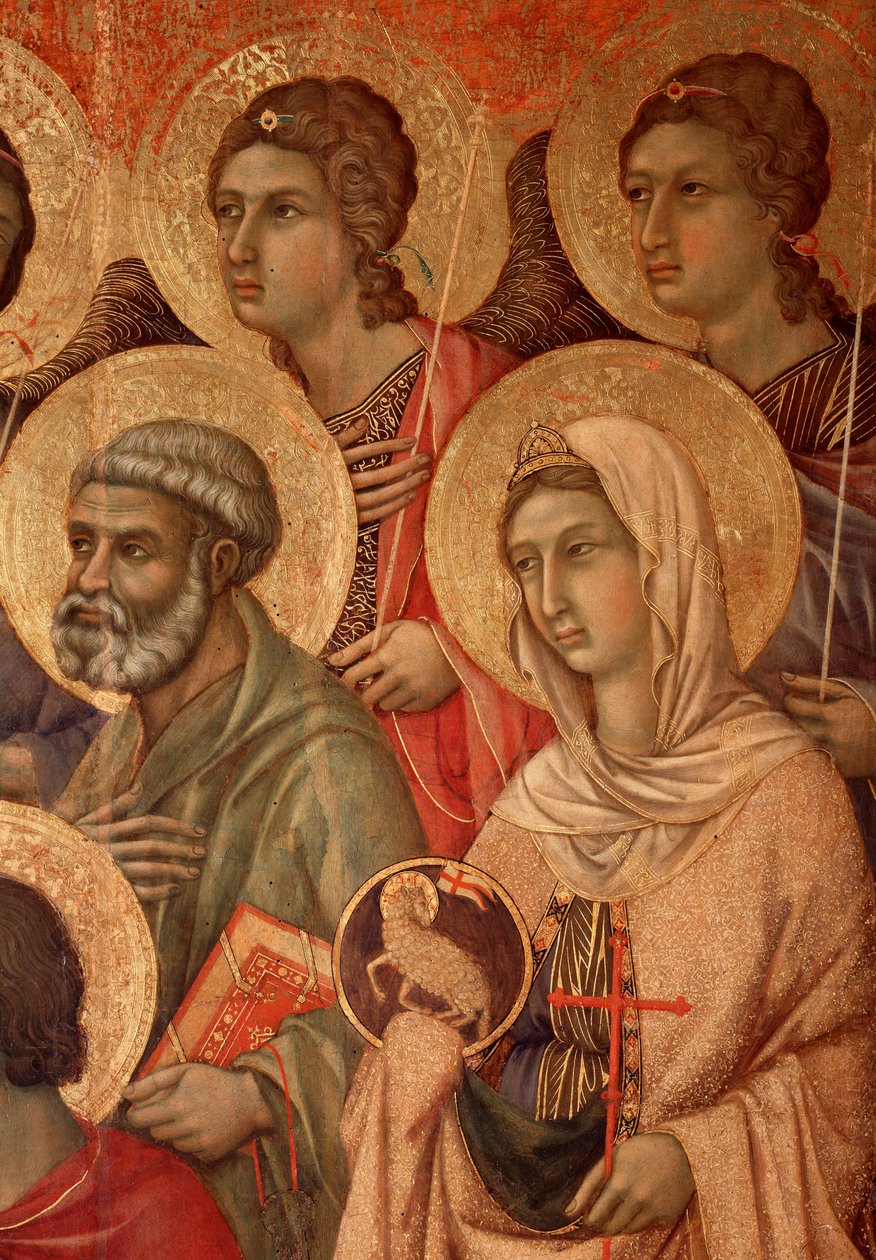 Bakire ve tahtta çocuk, aziz Peter ve aziz Agnes (La Maesta) ile detay (ahşap üzerine tempera ve altın) by Duccio di Buoninsegna