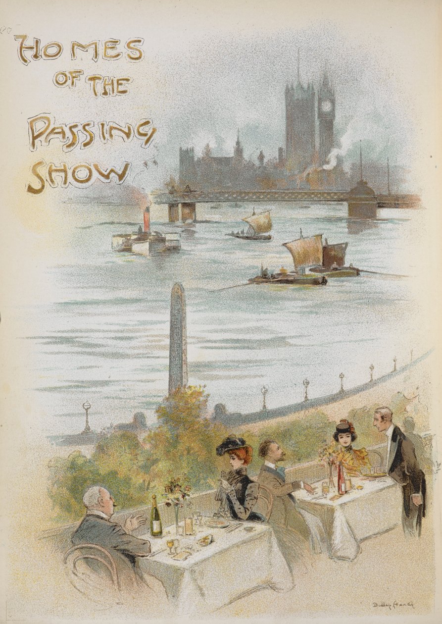 Thames Nehri kıyısındaki bir sahneyi gösteren resimli başlık sayfası. by Dudley Hardy