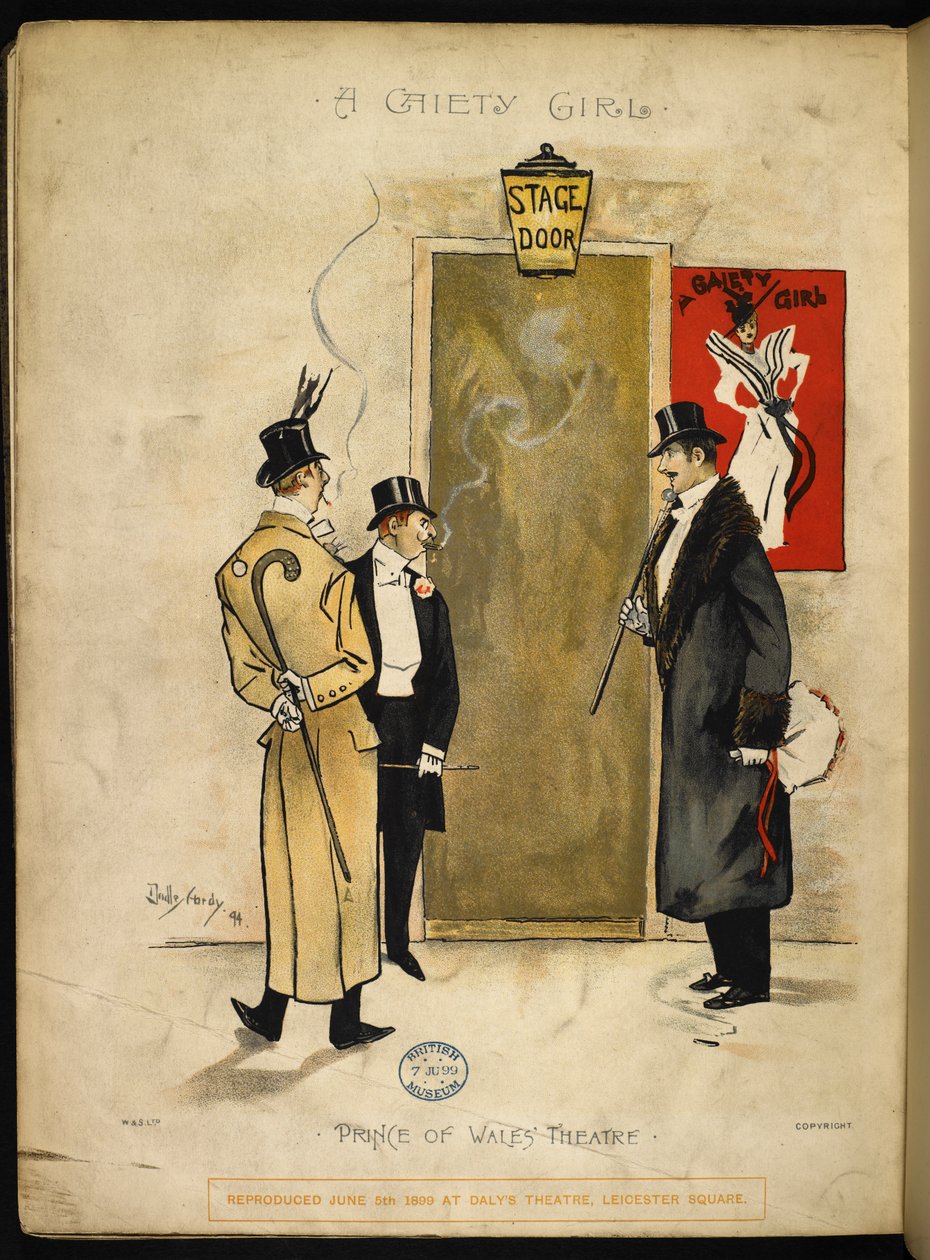 Gaiety kızlarının ortaya çıkması için sahne kapısının dışında bekleyen üç beyefendi. by Dudley Hardy