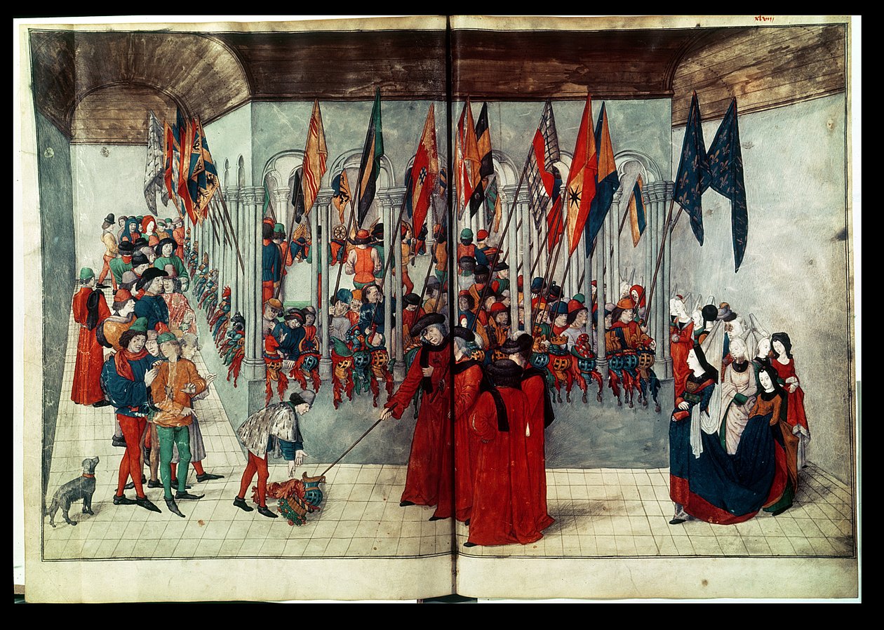 54998 bis Bayan fr. 2692 fol.47v-48r Turnuva için Hazırlıklar, bir incelemeden by Duke of Anjou and King of Naples Rene or Renatus I