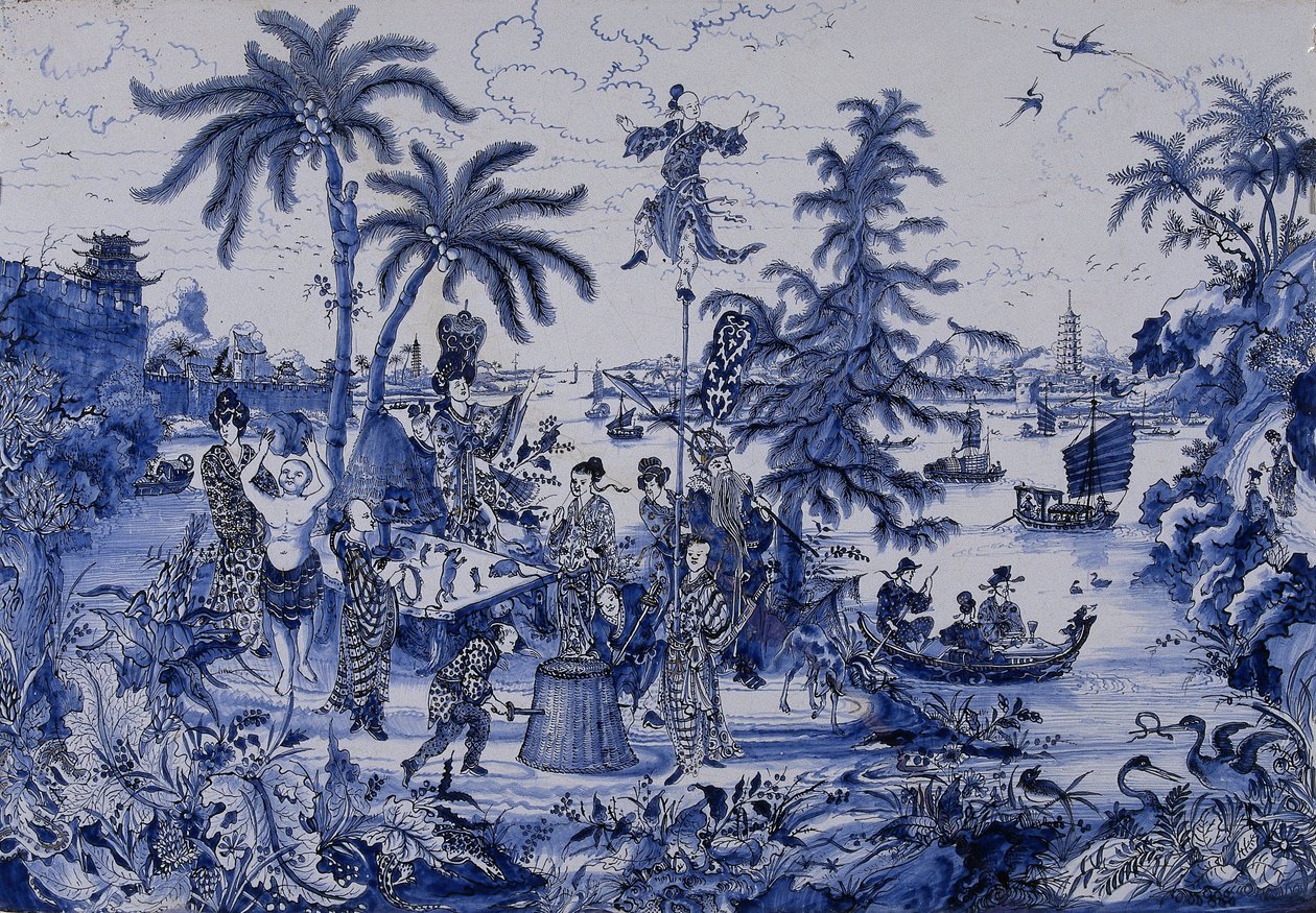 Chinoiserie peyzajlı ve yaldızlı detaylı plak, c.1680 (fayans) by Dutch School