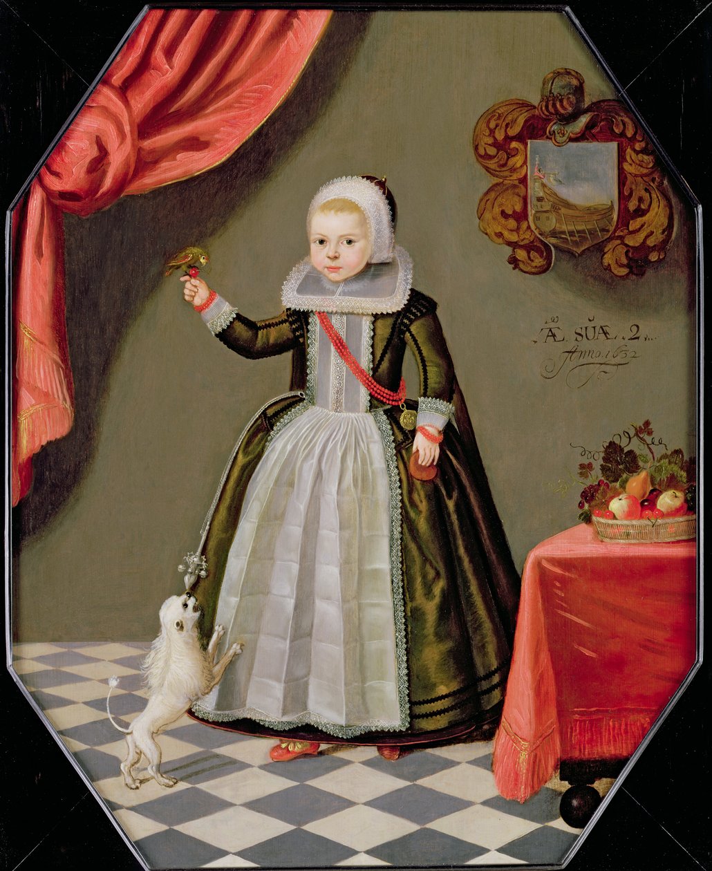 Parmağında Kuş, Ayaklarında Köpek Olan Genç Kız Portresi, 1632 by Dutch School
