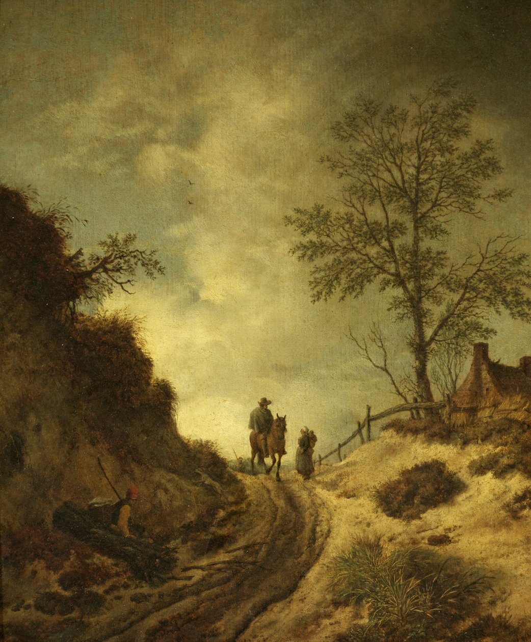 Tepelik Bir Yolda Bir Süvari ve Diğer Figürler (panelde yağlı boya) by Dutch School