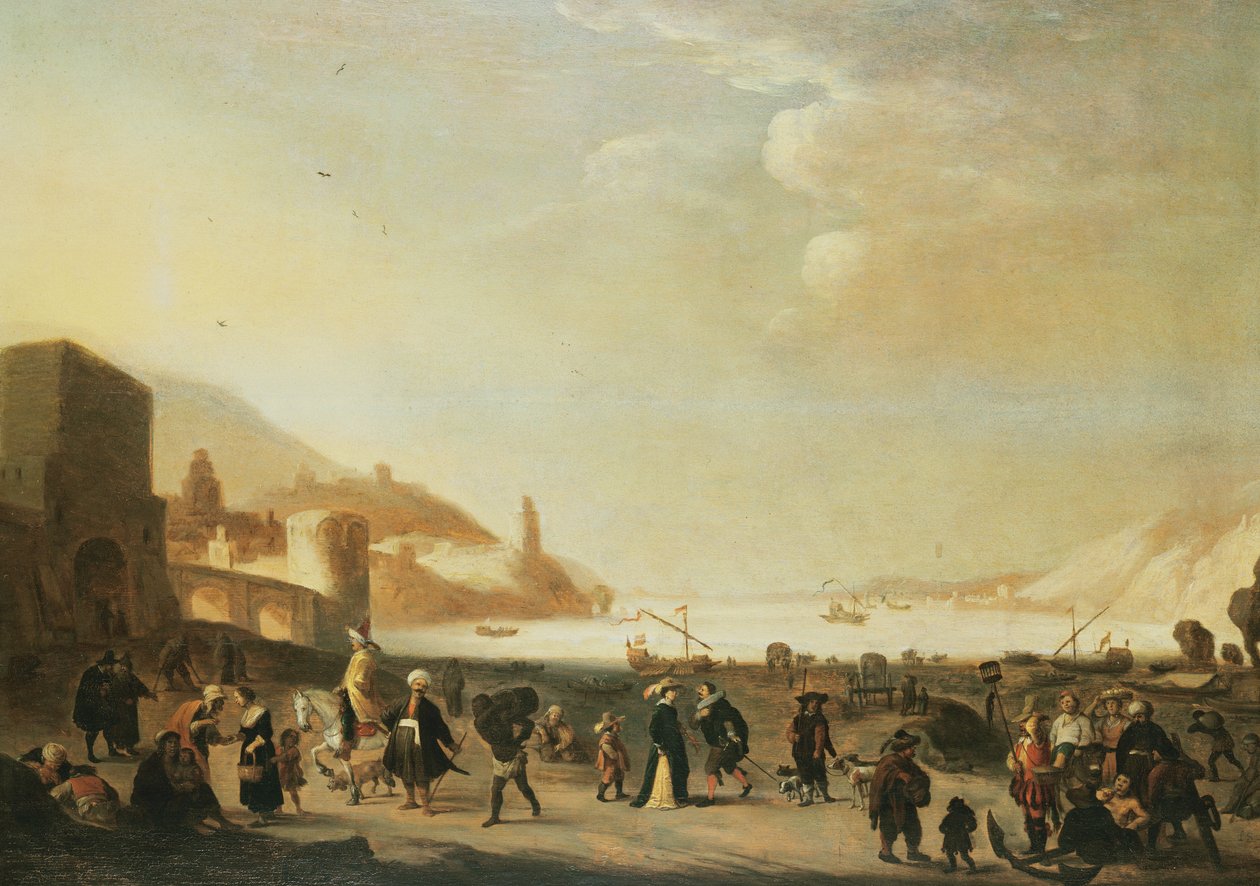 Ön planda sokak satıcıları ve köylülerin olduğu bir liman (panel) by Dutch School
