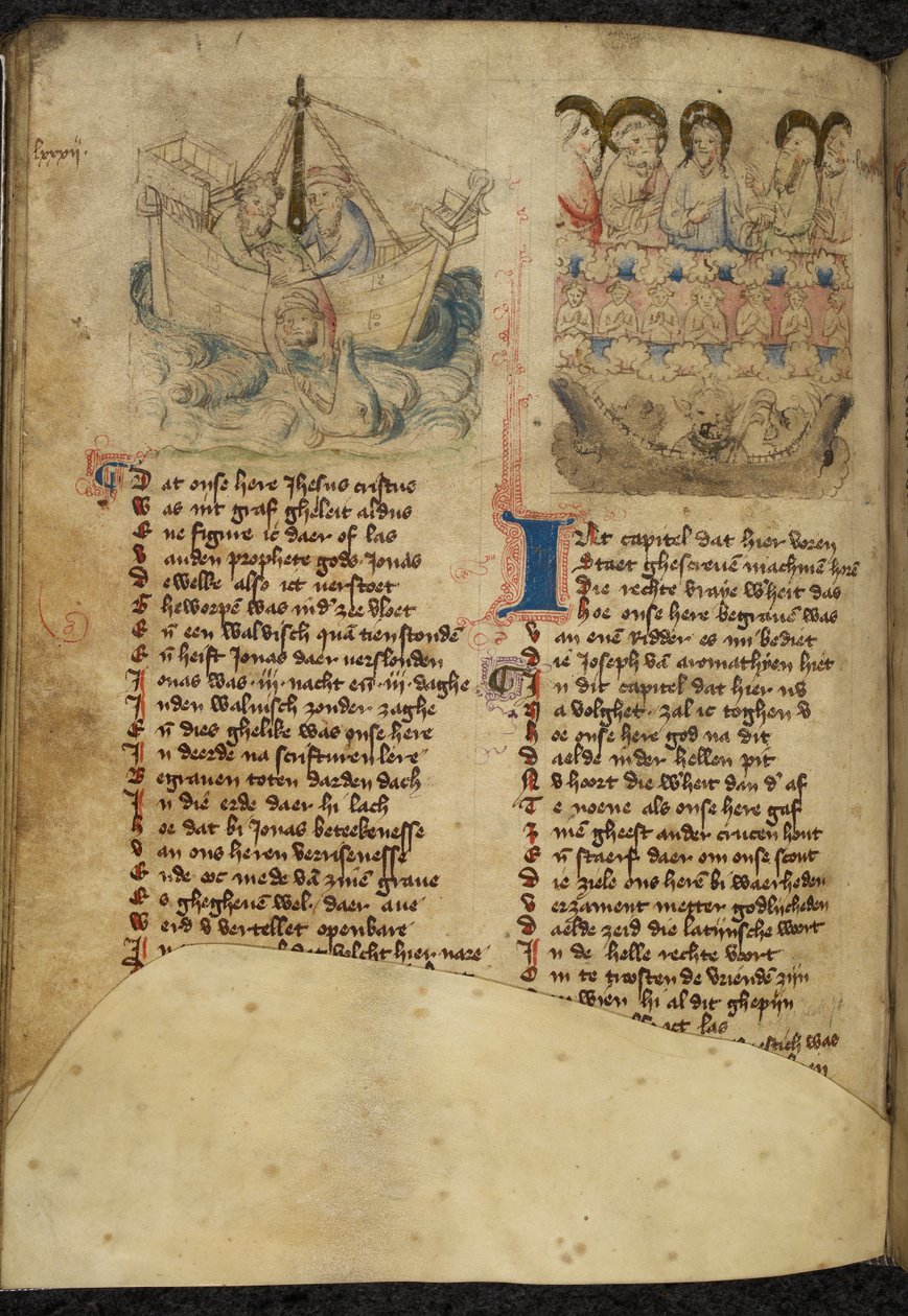 Ekle. 11575, f.65v Jonah ve Balina, Spiegel van der Menschen Behoudenisse