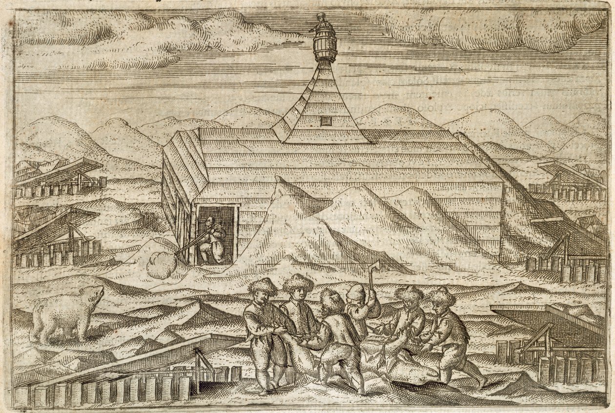 Keşif gezisinin kışladığı kabinin dışında mürettebat öldürme ve ayıların derisini yüzerken, Gerrit de Veer tarafından 'Diarium Nauticum, seu vera descriptio trium navigum admirandarum...'dan bir çizim by Dutch School