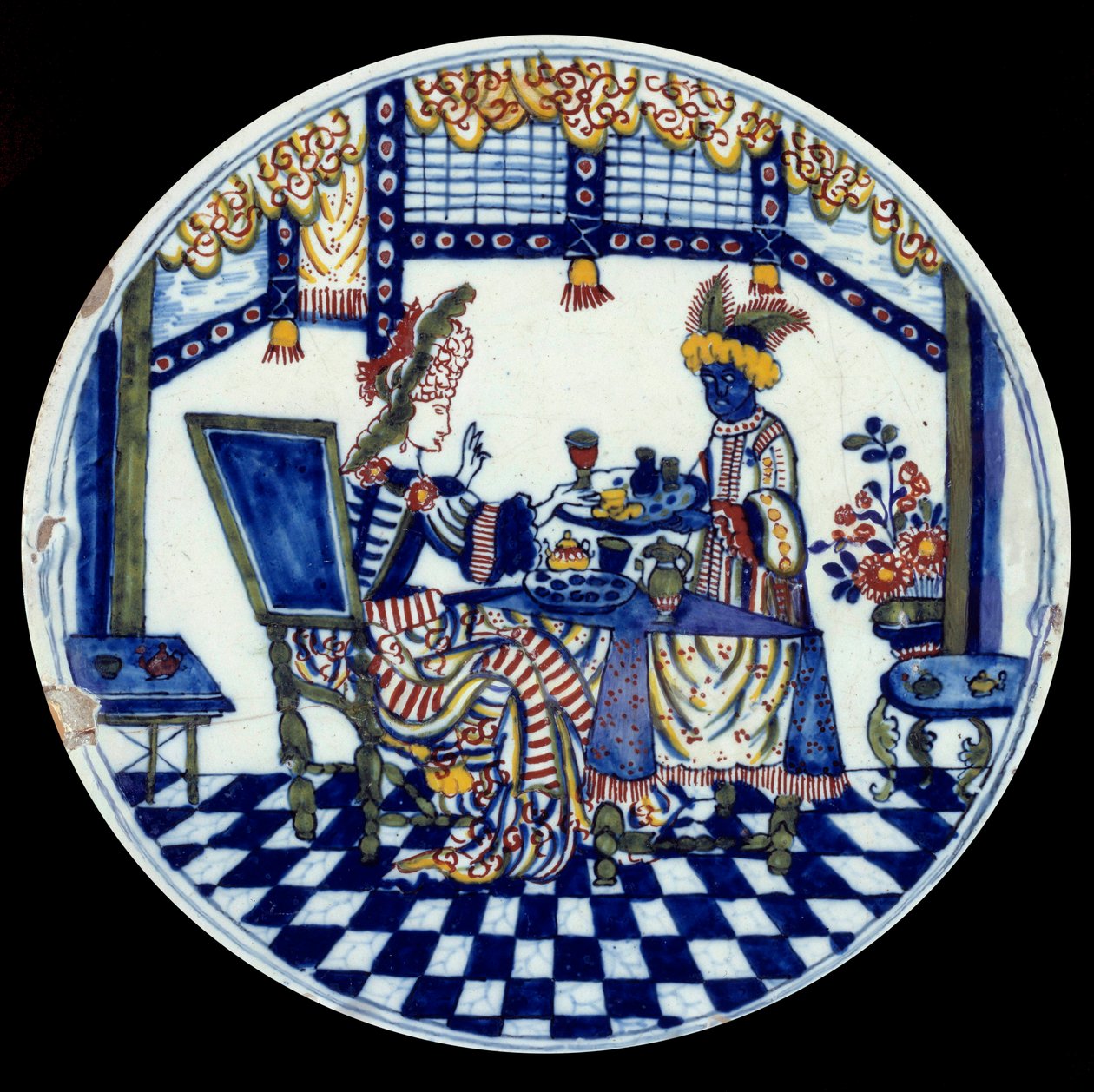 Siyah hizmetçisi tarafından sunulan bir masada bir kadını temsil eden Delft porselen tabak. 1705 Sevr, Ulusal Seramik Müzesi by Dutch School
