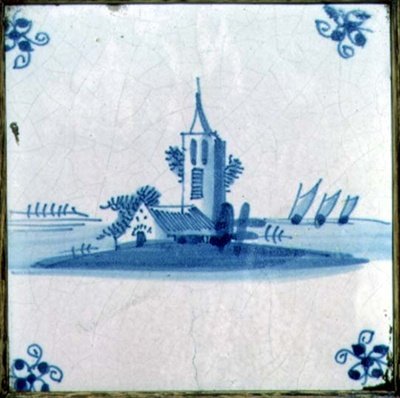 Üç mavna yelkenli bir kiliseyi gösteren Delft çini by Dutch School