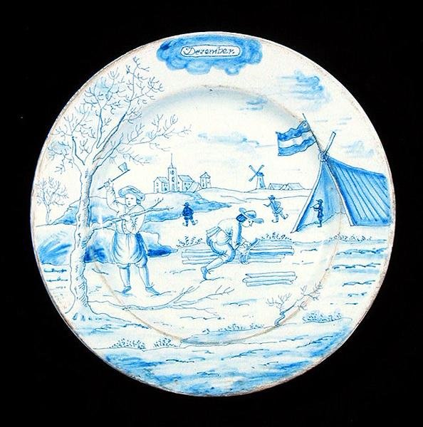 Aralık ayını gösteren delftware plakası (kalay sırlı çanak çömlek) by Dutch School
