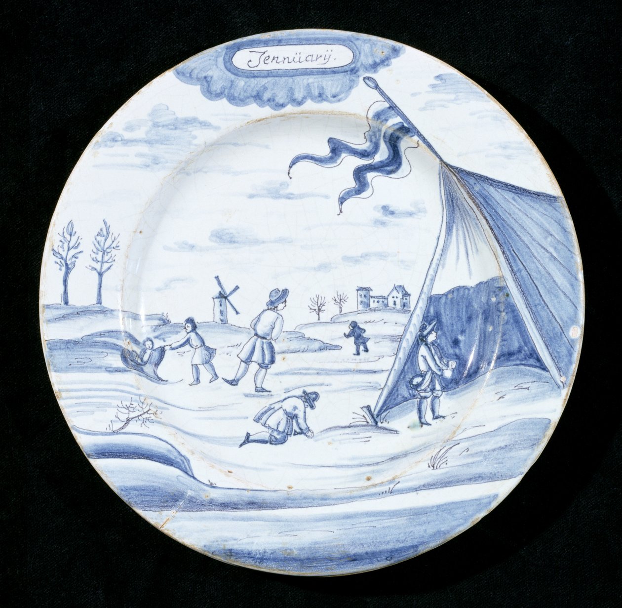 Ocak ayını gösteren delftware levhası (kalay sırlı çanak çömlek) by Dutch School