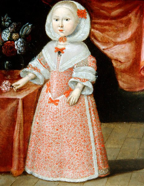 Pembe Beyaz Çiçek tutan kız, 1640 dolayları (bakır üzerine yağlı boya) by Dutch School