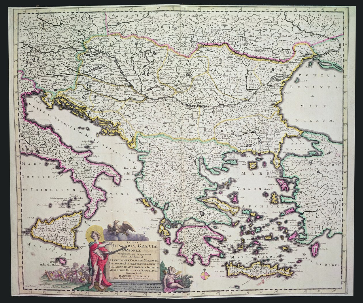 Yunanistan, Macaristan ve çevre ülkeler haritası (el renkli gravür) by Dutch School