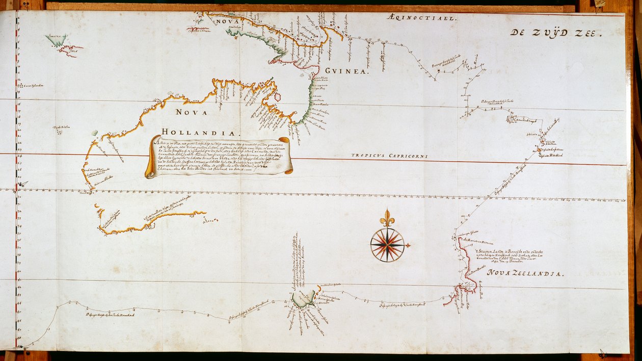 Abel Janszoon Tasman's (1603-1659) ve Willem Janszoon (1570-1630) tarafından gerçekleştirilen geziler sırasında toplanan bilgilerden elde edilen, şimdi Avustralya olan New Holland ve Yeni Zelanda haritası by Dutch School
