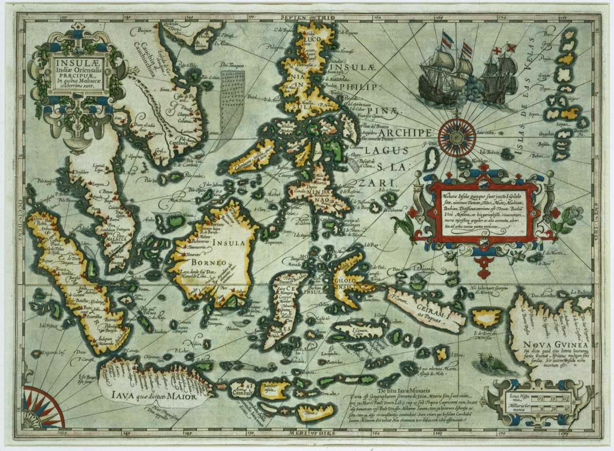 Doğu Hint Adaları Haritası, pub. 1635, Amsterdam (el boyaması gravür) by Dutch School
