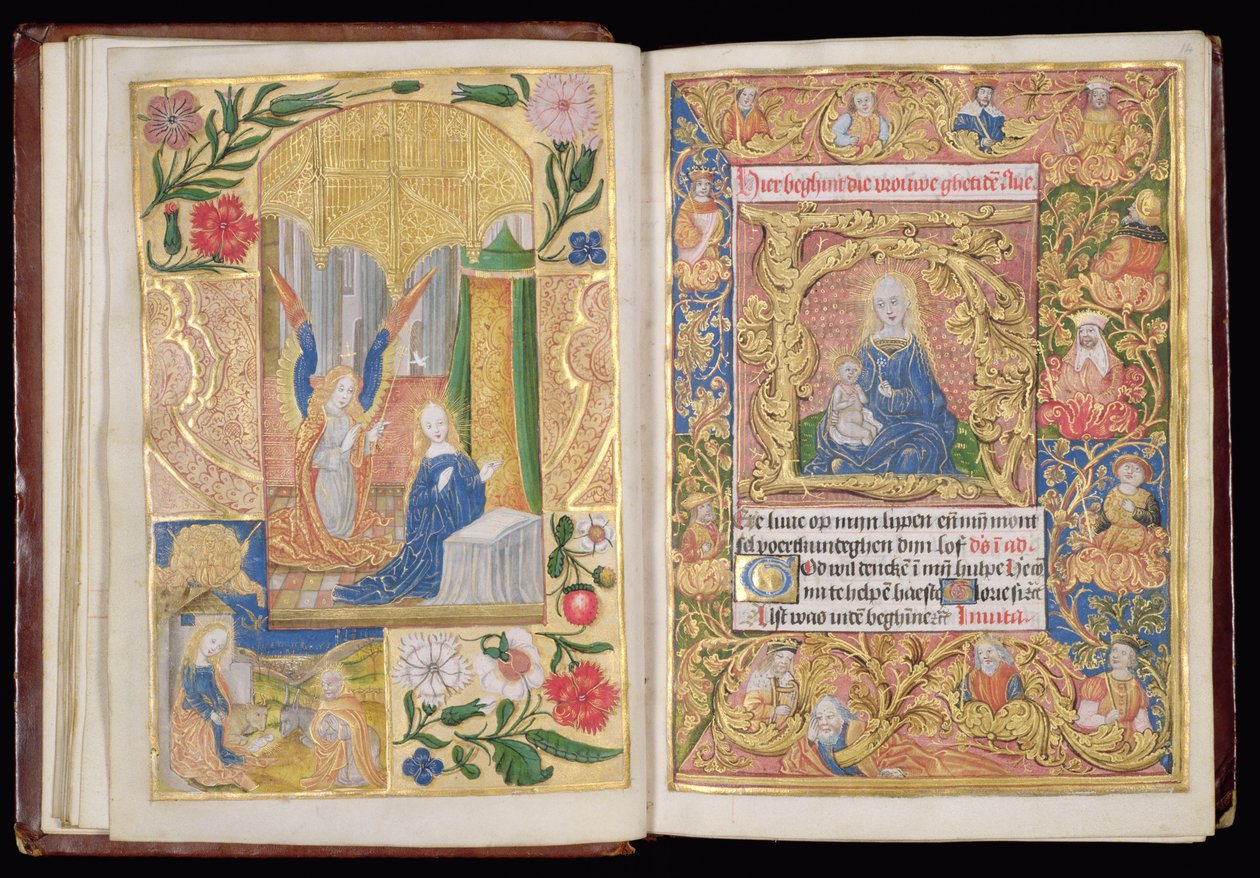 Ms 144, ff.13v-14r: Müjde ve Bakire ve Çocuk, Saatler Kitabından minyatürler, Utrecht