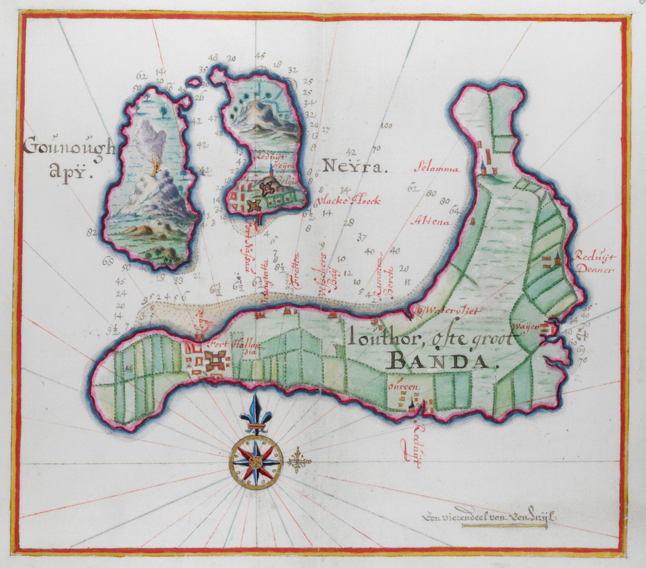 Banda adalarından üçünün resimli haritası. by Dutch School