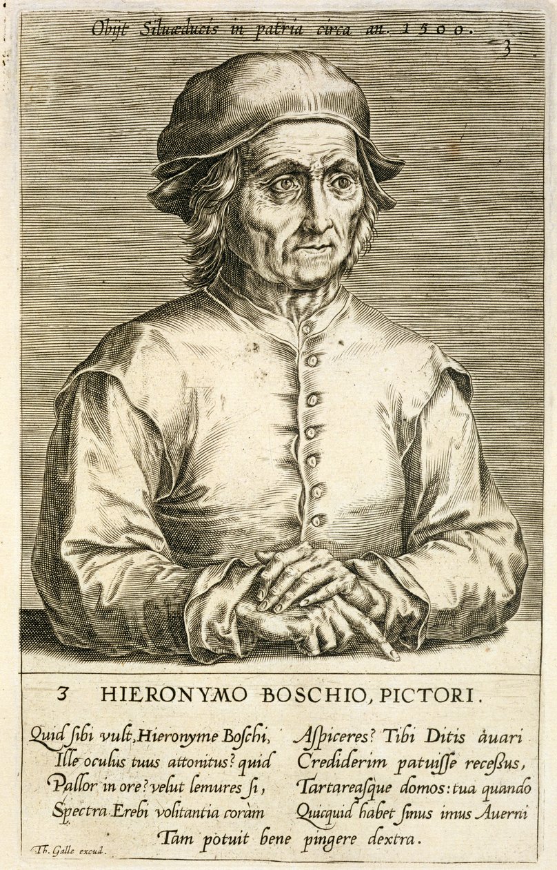 Theodor Galle (1571-1633) tarafından kazınmış bir dizi sanatçı portrelerinde Hieronymus Bosch