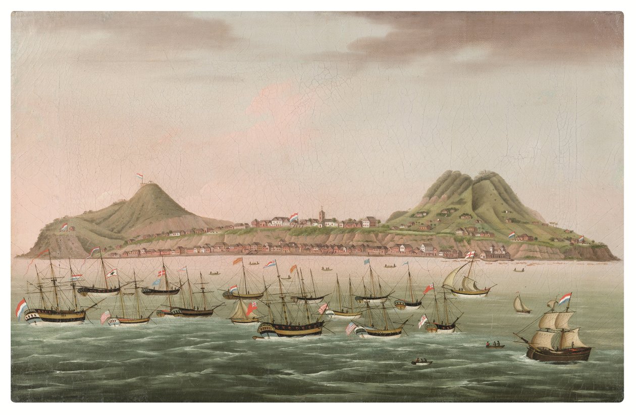 Hollanda Antilleri'ndeki Sint Eustatius, Batı Hintliler Oranjestad açıklarında yığılmış durumda (tuval üzerine yağlı boya) by Dutch School