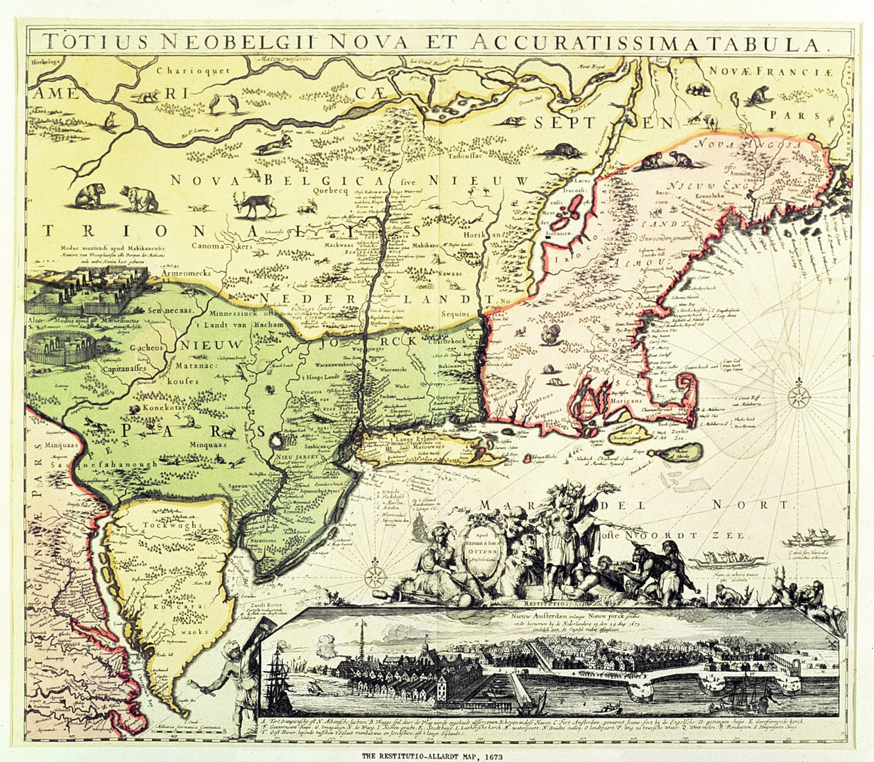 Restitutio-Allardt New Amsterdam Haritası, oyulmuş ve pub. Carolus Allardt, 1673 (bakır gravür) by Dutch School