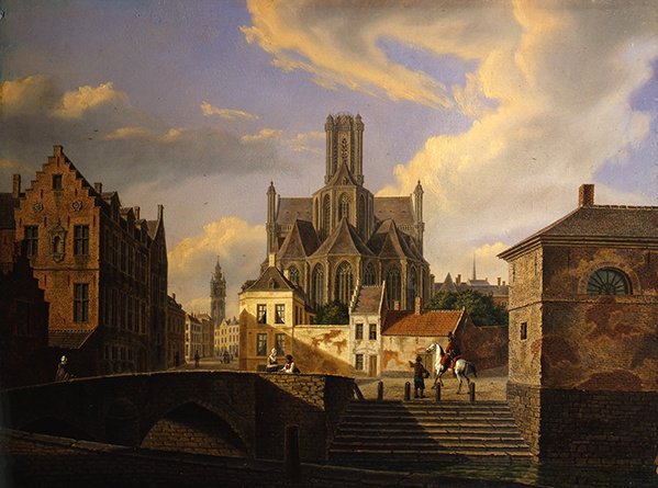 Bir kanal, köprü, basamaklar ve figürler, bir ortaçağ kilisesi ve ötesinde bir belediye binası kulesi ile şehir manzarası (kart üzerine yağlı kağıt serilmiş) by Dutch School