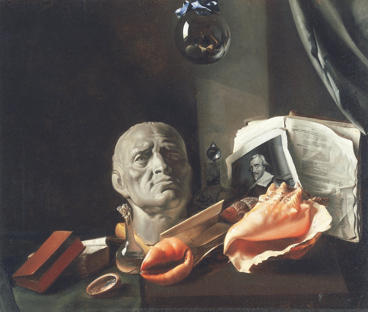 Vanitas büstü, deniz kabukları, kitaplar ve cam şişelerle natürmort (tuval üzerine yağlı boya) by Dutch School