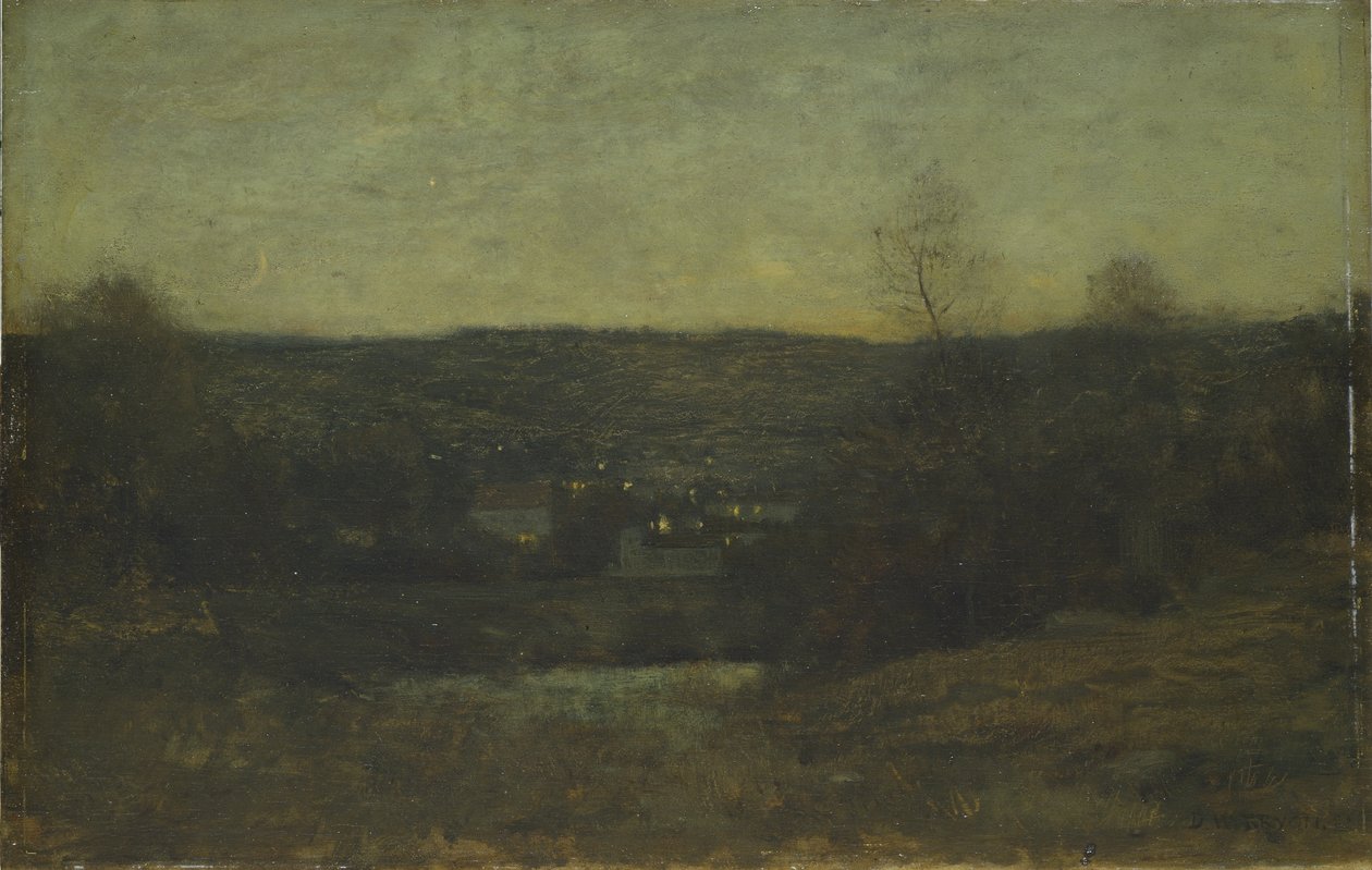 Aydınlanmış Bir Köy, c.1887 (ahşap panel üzerine yağlı boya) by Dwight William Tryon