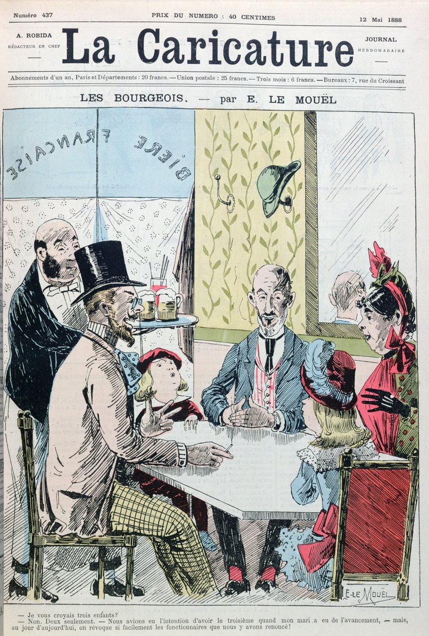 Ekonomik nedenlerle sadece iki çocukları olduğunu anlatan Burjuva bir çift, La Caricature, 12 Mayıs 1888 by E. Le Mouel