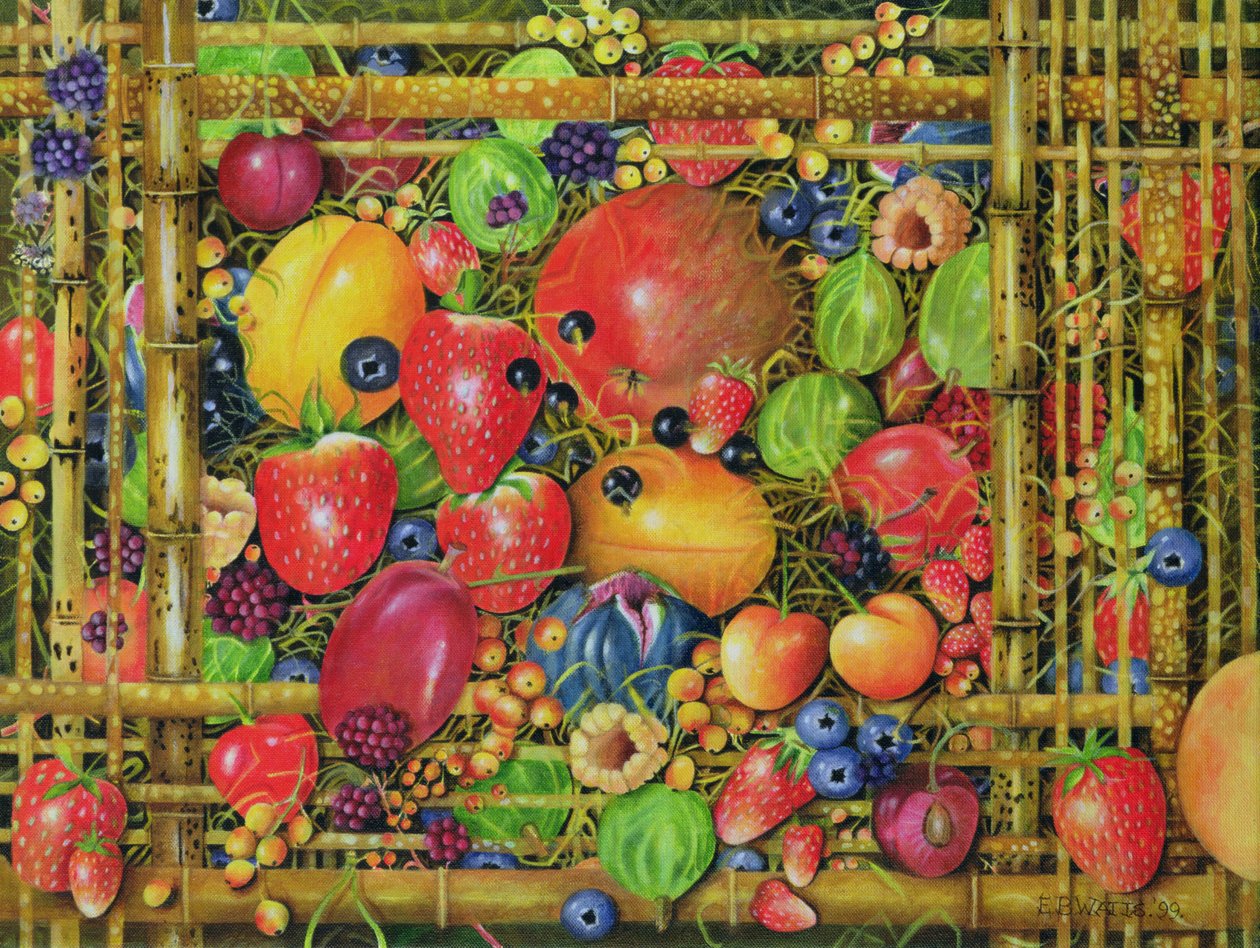 Bambu Kutuda Meyve, 1999 (tuval üzerine akrilik) by E.B. Watts